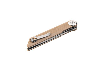 Pocket folding knife isolate on white back. Compact metal sharp knife with a folding blade.