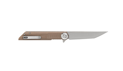 Pocket folding knife isolate on white back. Compact metal sharp knife with a folding blade.