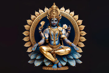 Indian God Lord Vishnu statue, dark background, ai generated.