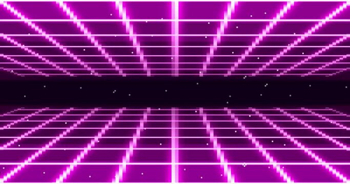 Animation of pixel art 80s Retro sci-Fi violet pink background. Pixel art 8bit Vector video game Glow Retro wave