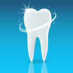 Realistic tooth. 3d teeth whitening. Realistic Healthy tooth with glowing effect.