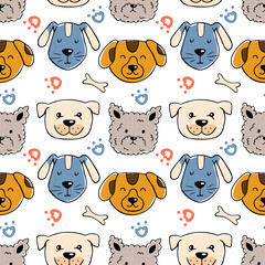 Obraz premium Cute dog faces in doodle style. Seamless pattern. Can be used for web page background fill, surface texture