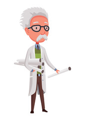 Old scientist holding twisted whatmans. Funny moustached character wearing glasses and lab coat. Discovery in science. Vector illustration in cartoon style