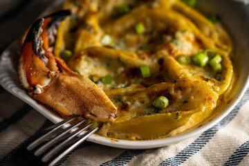 Pasta shells stuffed with a mixture of fresh local Jonah crab, spinach, ricotta, and alfredo sauce. Topped with Gruyere cheese and garnished with chopped scallions.