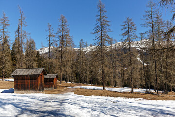 View to snow covered mountain peaks of the Carnic Alps in Winter. South Tyrol, Alto Adige, Italy, Europe