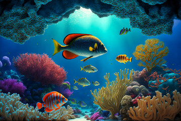 Naklejka na ściany i meble Unterwasserwelt. Bunte Fische leben im Korallenriff
