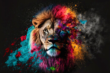 Portrait von einem afrikanischen Löwen, mit bunter Farbexplosion, isoliert auf schwarzen Hintergrund
