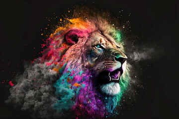 Portrait von einem afrikanischen Löwen, mit bunter Farbexplosion, isoliert auf schwarzen Hintergrund
 - obrazy, fototapety, plakaty