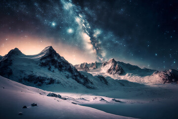 Bergige Winterlandschaft mit Schnee und der Milchstraße am Himmel in der Nacht