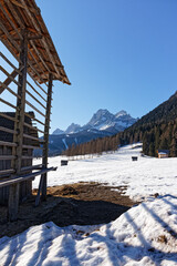 Fototapeta premium View to snow covered mountain peaks of the Sesto Dolomites in Winter. Alps, South Tyrol, Alto Adige, Italy, Europe