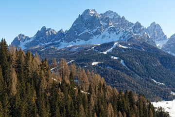 View to snow covered mountain peaks of the Sesto Dolomites in Winter. Alps, South Tyrol, Alto Adige, Italy, Europe
