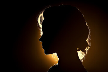 Silhouette of head and shoulders of a woman, outlined by light, backlit. Generative AI