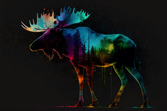 Illustrative abstract design of a moose. Multicolored painting. Generative AI.