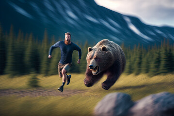 Man running from a grizzly bear. Generative AI - obrazy, fototapety, plakaty