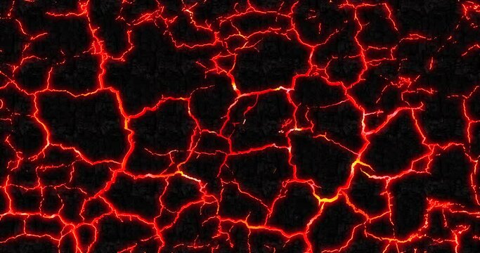 Lava flowing under parched ground. Glow of faded flame with sparks and intense heat on cracked surface. Seamless loop