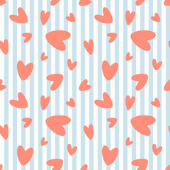 Seamless pattern with hearts on striped background. Cute pattern for wrapping paper, scrapbooking, textile, fabric prints.