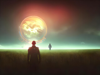 a man welcome the arrive of the aliens, digital art style, illustration painting