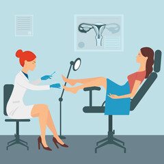 A gynecologist at work. Patient on the gynecological chair. Medical vector illustration