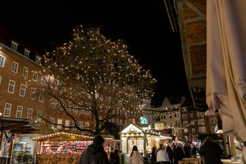 Fototapeta premium Germany, Bremen, 29.12.2022: The Old City of Bremen during the holidays season, Christmas market in Bremen, Die Sögestrasse, street of Bremen with light reflexion after the rain, people in Xmas Market