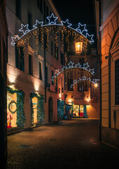 A street in the town center of Treviso (Veneto, Italy) with Christmas lights and decorations