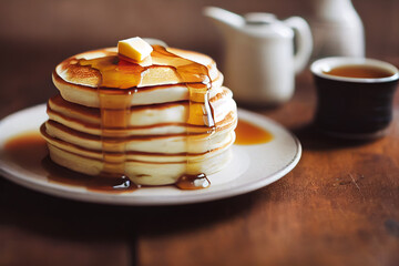 Pancakes in the morning or afternoon with tea or coffee for relaxing time, the warm sunshine outside the window, relaxed and peaceful vibe, positive energy.