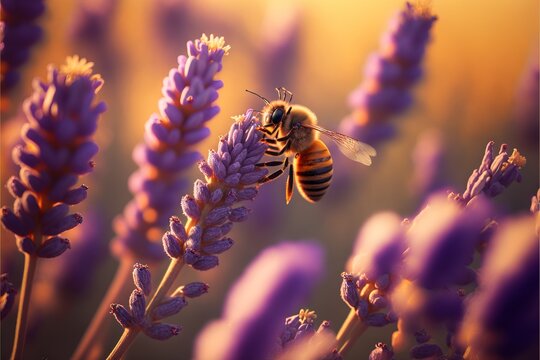 a bee flying over a bunch of purple flowers in a field of lavenders at sunset or dawn with a yellow sky.