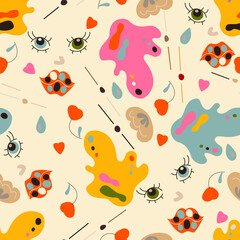 Seamless pattern with bright abstract shapes, eyes, lips. Doodle art. Linear hand drawn vector illustration.