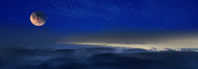Naklejka na ściany i meble night blue starry sky big blue moon pink sunset clouds background banner template