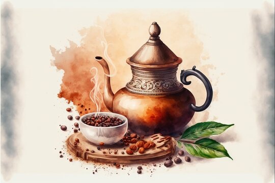 a painting of a tea pot and a cup of coffee on a plate with a leaf on the side.