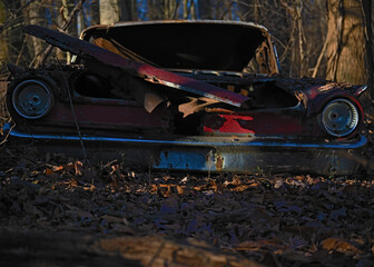 Red 1963 Fairlane in the woods