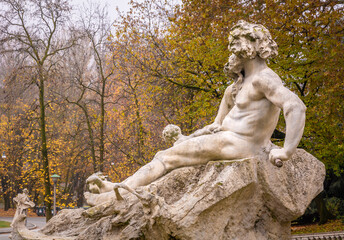 Details of the monumental Fountain of Twelve Months, surrounded by trees in autunno of Valentino Park, Turin, northern Italy  - Europe