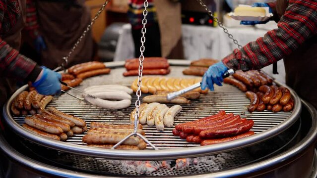 Roasting sausages on a big grill - travel photography