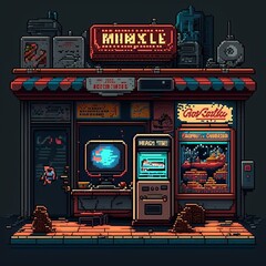Gaming machine in front of a street market. Pixel art. AI
