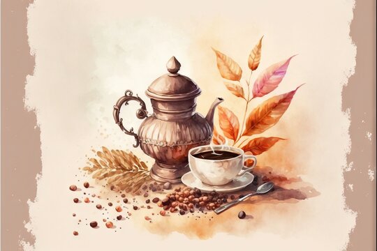 a painting of a coffee pot and a cup of coffee with leaves and grains around it on a beige background.