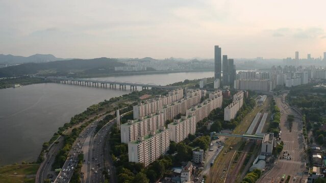 [korea drone footage] Han river city landscape, Seoul, road, sunset