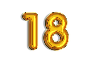 18 years old. Gold balloons, 18th anniversary number, happy birthday congratulations. Illustration of golden realistic 3d symbols. Banner, icons isolated on white background.
