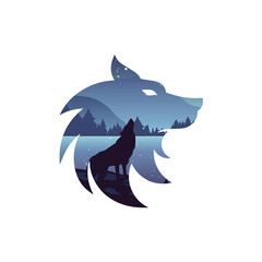 Set of wolf silhouettes with crescent moon and stars isolated. Sticker, print or tattoo design vector illustration. Pagan totem, wiccan familiar spirit art.