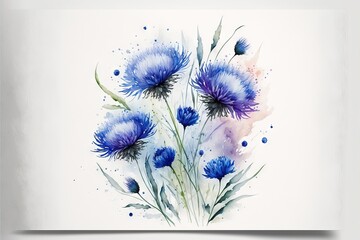 a painting of blue flowers on a white background with watercolor stains and a white frame with a white background.