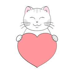 Cute cartoon cat holding a heart in his paws. Valentine's Day greeting card with space for text. Design for invitation, card, flyer, brochure, banner. Little pets in love. A declaration of love