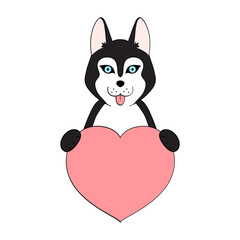 Cute cartoon dog holding his heart in his paws. Valentine's Day greeting card with space for text. Design for invitation, card, flyer, brochure, banner. Little pets in love. A declaration of love