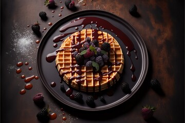 a waffle with syrup and berries on a plate with chocolate sauce on it and drizzled with chocolate.