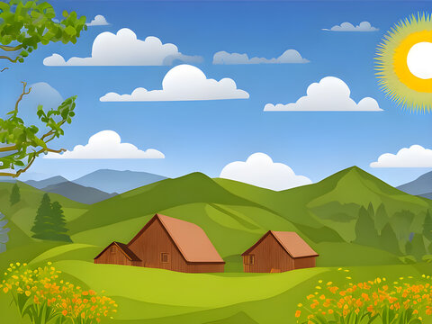Rural summer landscape with mountains , vector illustration