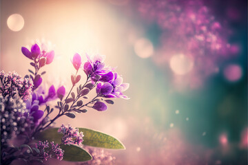 Fototapeta na wymiar Enchanting floral arrangement of small purple flowers on a background of spring tranquility. Ideal for graphic banners to announce spring or flowery events.