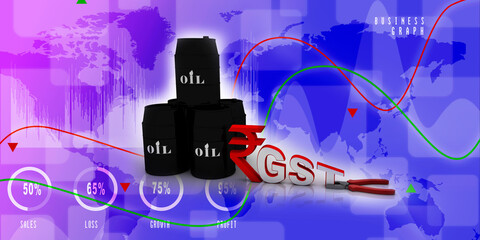 3d illustration Oil price, Oil Industry concept with Barrel and indian ruppe gst near cutting player 