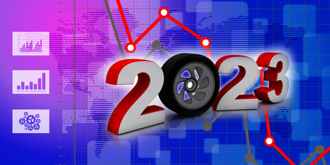 3d illustration 2023 with car wheel