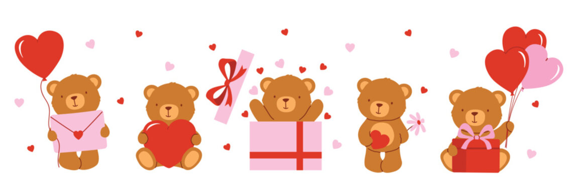 Naklejki Plush bear with pink and red balloons and presents. Vector illustration