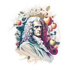 Isaac Newton and apples, modern minimalist portrait