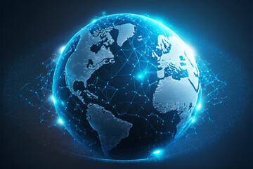 Fototapeta premium Global Social Network Illustration, Blue Futuristic Background Planet Earth, Internet Connection, Generative AI
