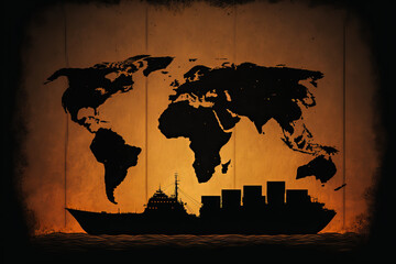 Container ship at sunset, silhouetted against a world map. Ideal to represent international trade, shipping and globalization. To symbolize a shipping company around the world.