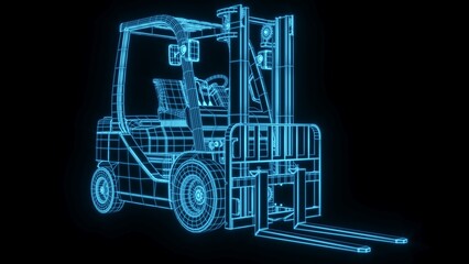 3D rendering illustration forklift truck blueprint glowing neon hologram futuristic show technology security for premium product business finance 